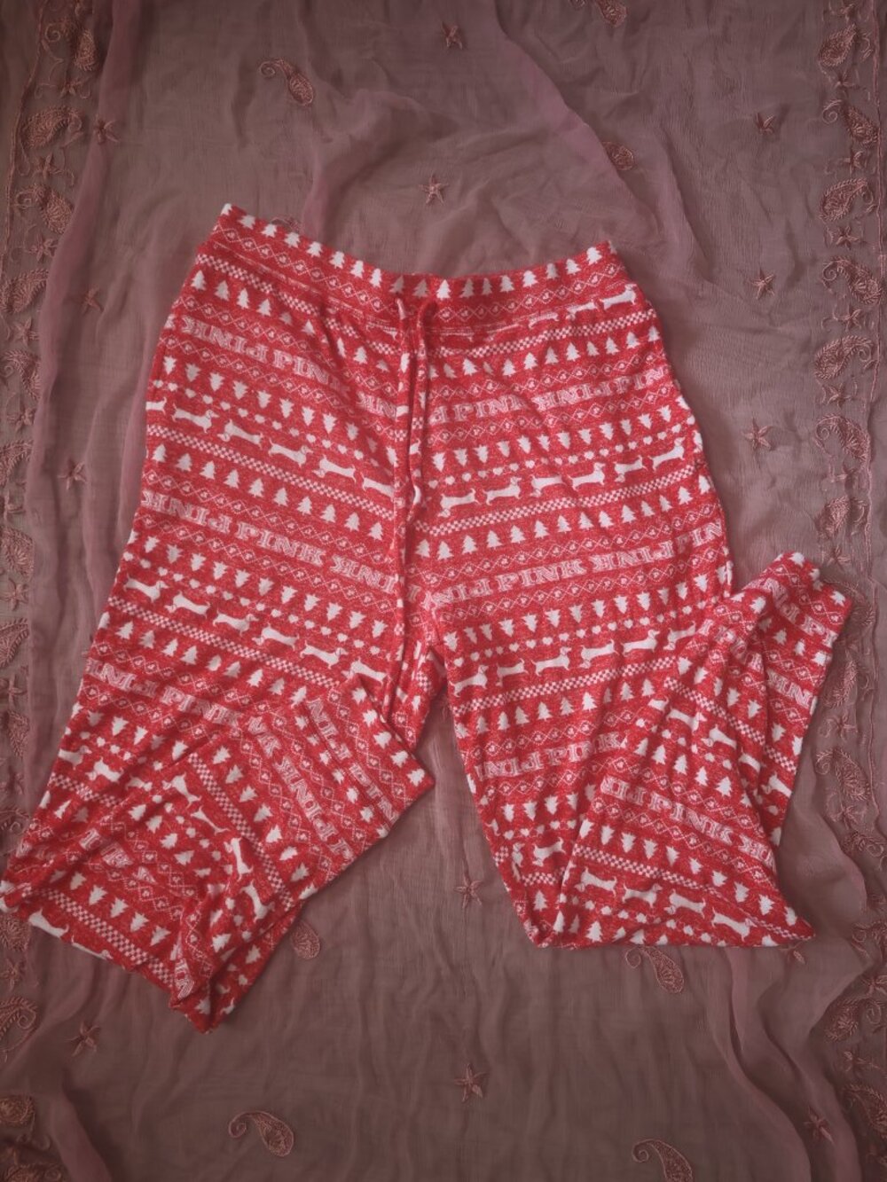 PINK Victoria's Secret Christmas tree, dog 'pink' all over pj pajamas pants in M